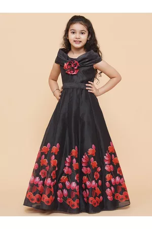 Bhama Girls Black & Red Floral Print Fit & Flared Maxi Dress