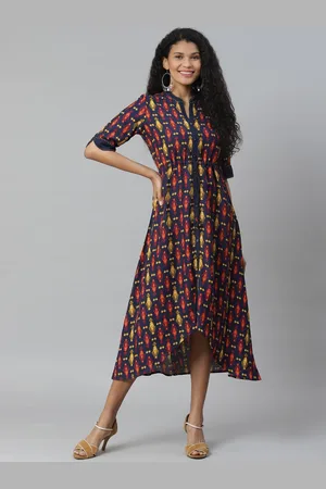 Rangriti Women Navy Blue & Orange Printed Liva High-Low A-Line Dress