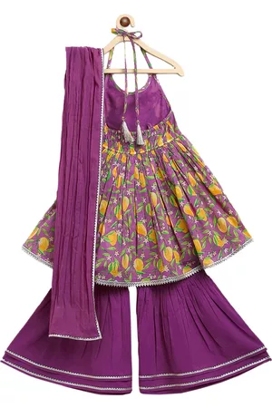 Tiber Taber Girls Purple Floral Printed Empire Pure Cotton Kurti with Sharara & Dupatta