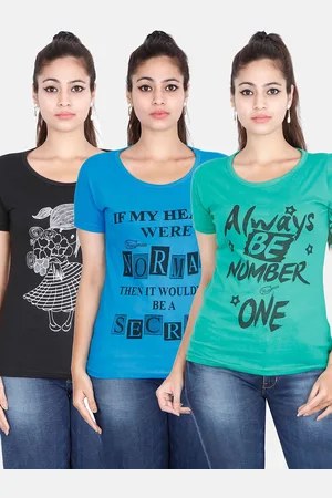 Fleximaa Women Green & Blue Pack Of 3 Typography Printed Cotton T-shirt