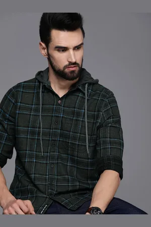 WROGN Men Olive Green & Charcoal Grey Slim Fit Checked Casual Shirt with Detachable Hood