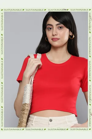 HERE&NOW Women Red Solid Pure Cotton Crop T-shirt
