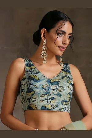 Triyah Women Blue & Green Printed Readymade Saree Blouse