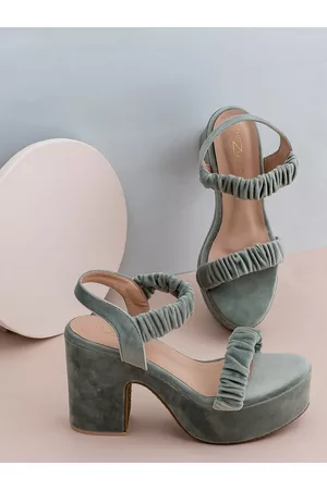 SHEZONE Womens Sea Green Textured Suede Block Heels