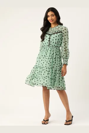 Antheaa Women Sea Green & Black Polka Dot Printed A-Line Dress