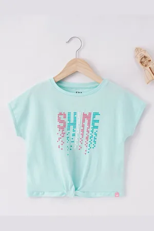 Ed-a-Mamma Girls Blue Typography Printed Extended Sleeves T-shirt