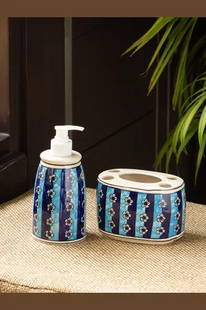 ExclusiveLane Blue Navy Blue Printed Ceramic Bathroom Accessories Set