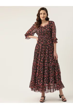 Antheaa Black & Red Floral Print Chiffon Tiered Maxi Dress