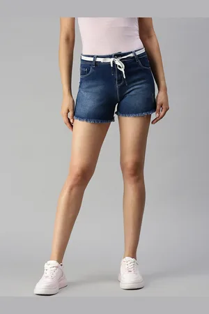 SHOWOFF Women Blue Washed High-Rise Denim Shorts