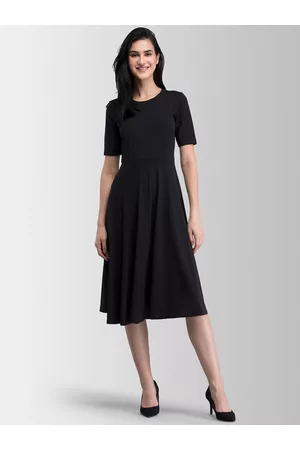 FableStreet Women Black Solid Midi Fit & Flare Dress