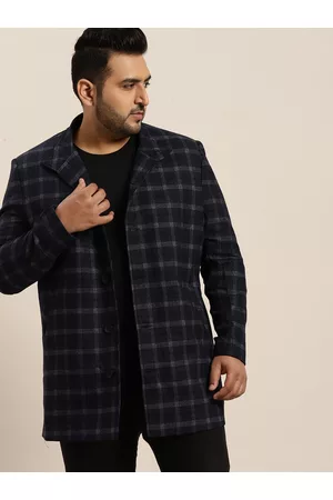 Sztori Plus Size Men Navy Blue & White Checked Hip Length Regular Fit Overcoat