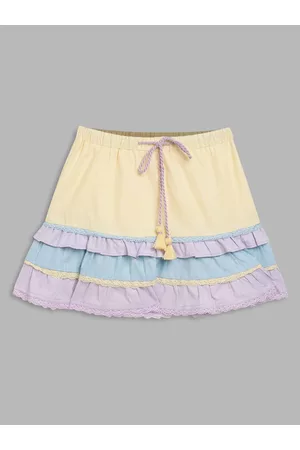 Blue Giraffe Girls Yellow & Purple Solid Tiered Knee Length Cotton Skirts