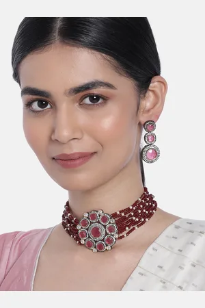 I Jewels Gold Plated Maroon Stone Studded & Beaded Choker Necklace Jewellery Set