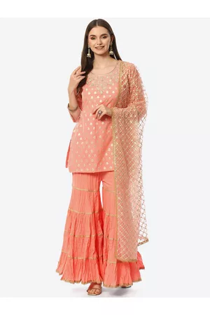 Biba Women Pink Embroidered Kurta with Sharara & Dupatta
