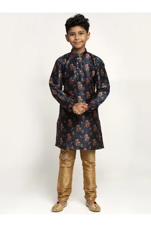 Kraft Boys Navy Blue & Gold-Toned Floral Printed Silk Kurta with Churidar