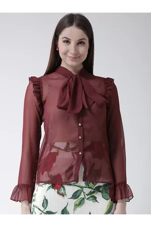 KASSUALLY Women Maroon Regular Fit Solid Casual Sheer Shirt