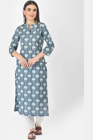 Pistaa Women Blue & White Ethnic Motifs Printed Pure Cotton Kurta with Palazzos