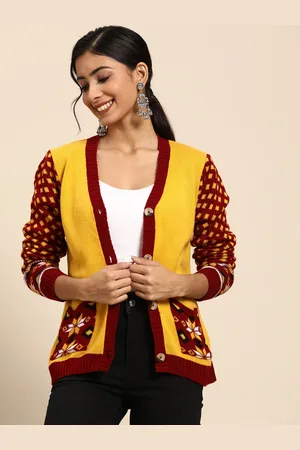 Sangria Women Mustard Yellow & Maroon Solid Cardigan