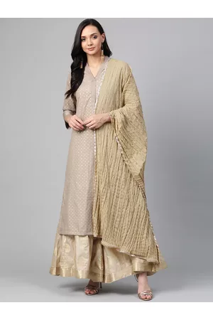 Biba Women Taupe & Golden Self-Design Dobby Weave Kurta with Palazzos & Dupatta