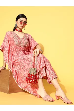 DIVYANK Women Pink Silk Blend Kaftan Kurta Set