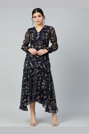 ATHENA Women Navy Blue Printed Fit and Flare Dress