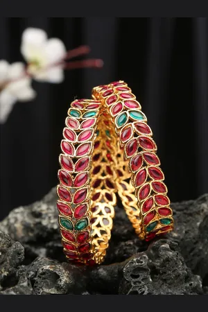 YouBella Set Of 2 Gold-Plated Red & Green Stone Studded Bangle