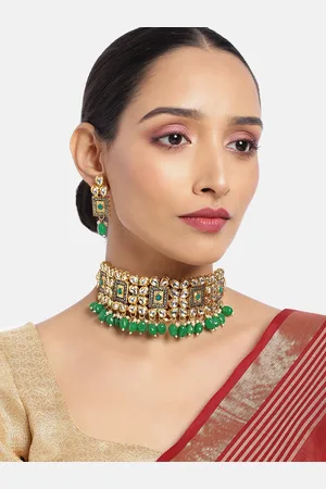 Asmitta Jewellery Women 18K Gold-Plated Kundan Pearl Meenakari Choker Necklace Set