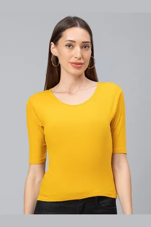 Globus Women Mustard Yellow Solid Round Neck T-shirt