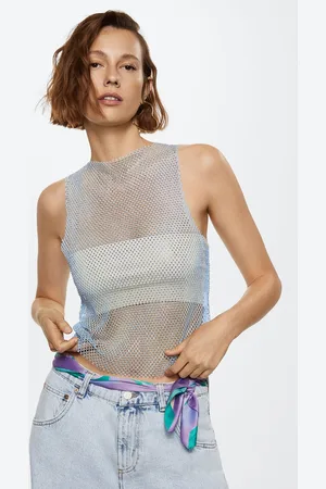 MANGO Blue& Silver Embellished Studded Sheer Strass Top
