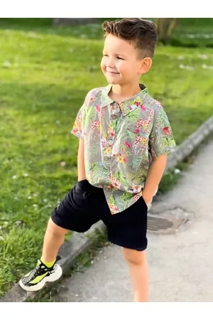 Cherry Crumble Boys Green & Yellow Floral Print Cotton Casual Shirt