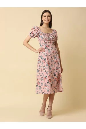 RAASSIO Women Pink Floral Cotton Midi Dress