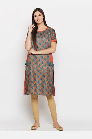 BE INDI Women Teal & Orange Floral Printed Straight Kurta