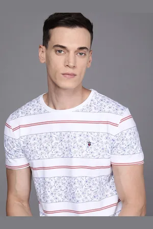 Louis Philippe Men White & Blue Floral Printed And Striped Slim Fit T-shirt