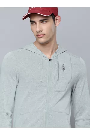 Skechers Men Grey Melange Solid Hooded Goknit Pique FZ Sweatshirt