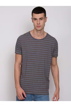 Matinique Men Navy Blue & Khaki Striped Drop-Shoulder Sleeves Slim Fit T-shirt
