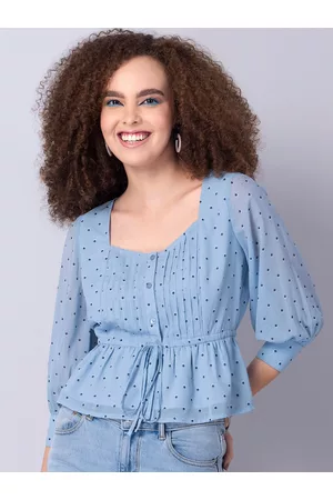 FabAlley Women Blue Polka Dots Printed Cinched Waist Top