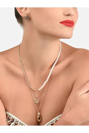 Ami Women Gold & White Pearl Beaded Layered Necklace Set