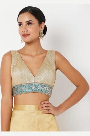 SALWAR STUDIO Women Gold-Coloured Banarasi Self Design Readymade Saree Blouse