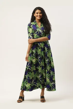 Deewa Women Green & Black Tropical Print Shirt Maxi Dress