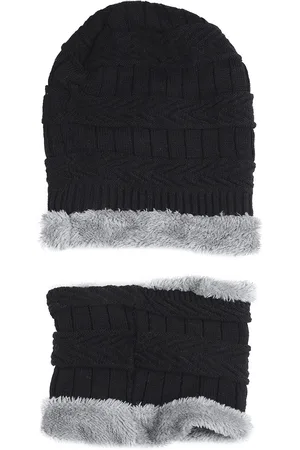 Bharatasya Men Black & Grey Acrylic Wool Beanie with Neck Scarf