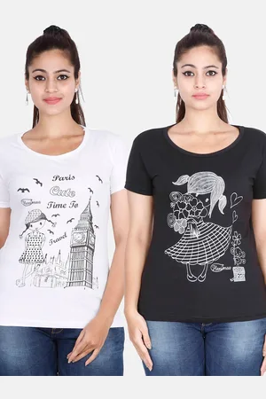 Fleximaa Women Black & White Pack Of 2 Printed Cotton T-shirt