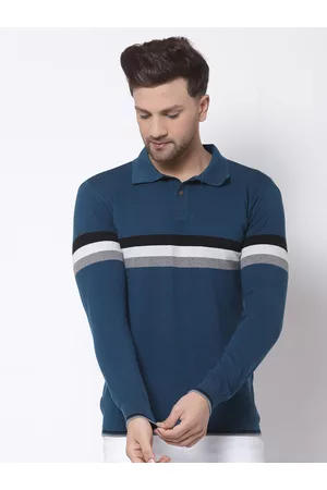 Kalt Men Teal Striped Polo Collar T-shirt