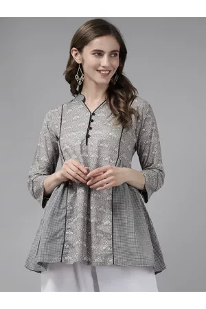 Bhama Couture Grey & White Mandarin Collar Printed Tunic
