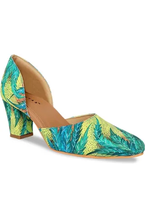 KANVAS Green Printed Ethnic Block Pumps