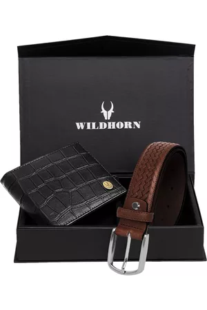 WildHorn Men Black & Brown Textured RFID Protected Genuine Leather Accessory Gift Set