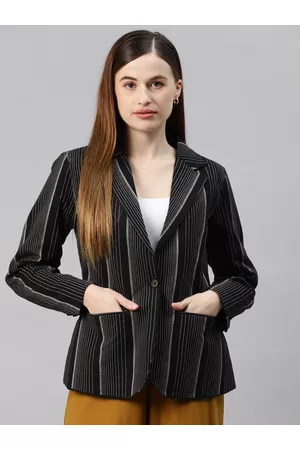 Cottinfab Women Black Striped Open Front Blazer