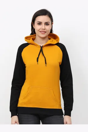 Fleximaa Women Mustard Colourblocked Hooded Sweatshirt