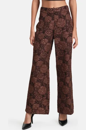 Kazo Women Brown Floral Printed High-Rise Trouser