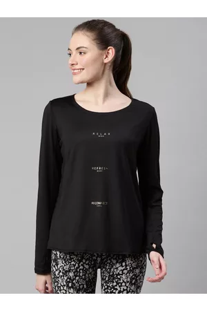 ENAMORA Women Black Typography Extended Sleeves Antimicrobial T-shirt