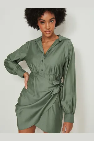 NA-KD Green Solid Ruched Side Tie-Up Shirt Mini Dress